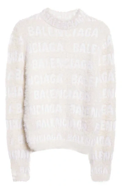 Balenciaga Furry All Over Mock-neck Logo Sweater In White