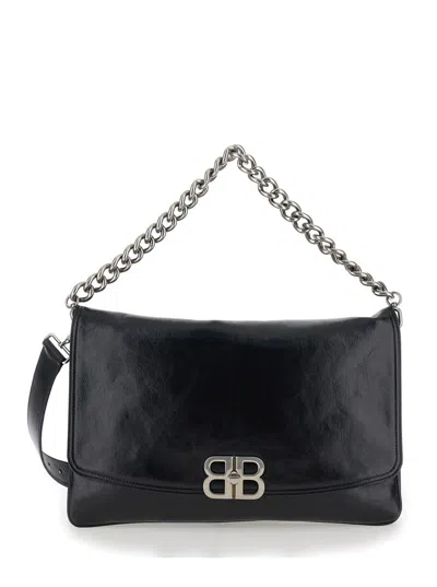 Balenciaga 'flap Bb Soft Large' Black Shoulder Bag With Bb Detail In Peach Leather Woman