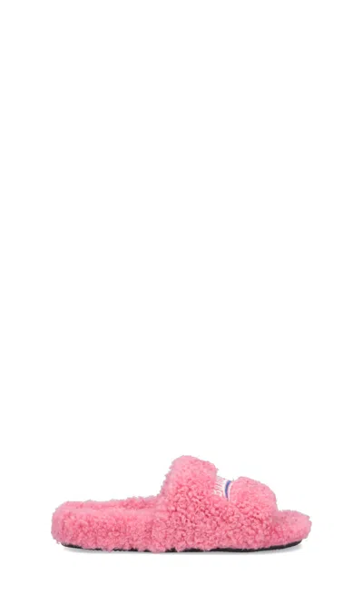 Balenciaga Pink Furry Slide Sandal In Fake Shearling With White And Blue Political Campaign Embroideries Balenc In Sweet Pink White