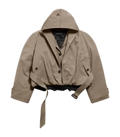 Balenciaga Flipped Hooded Trench Coat In Dark Beige