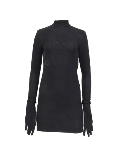 Pre-owned Balenciaga Floral-embroidered High-neck Dress In Black