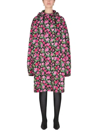 Balenciaga Floral Pattern Hooded Coat In Rosa