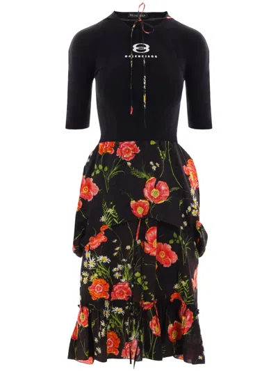 Balenciaga Floral-print Half-sleeves Midi Dress In Black
