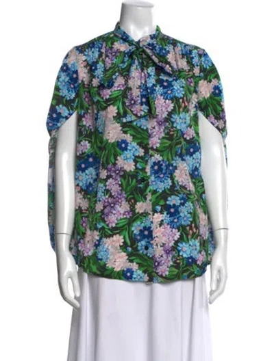 Pre-owned Balenciaga Floral Print Tie Neck Blouse In Blue