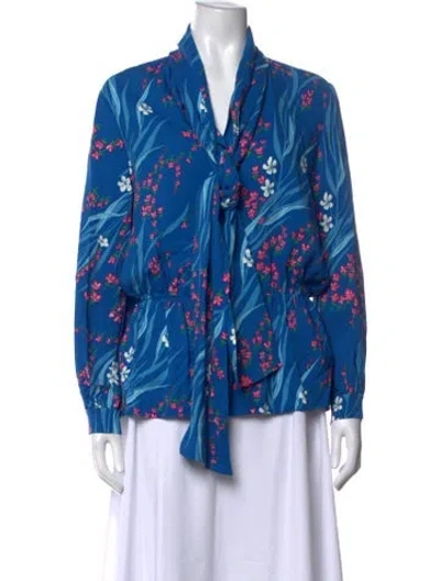 Pre-owned Balenciaga Floral Print Tie Neck Blouse In Blue
