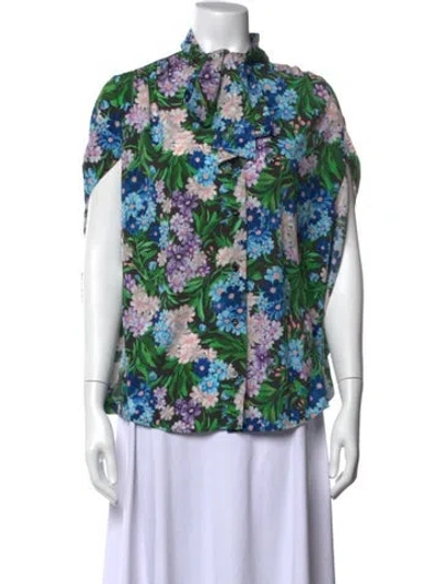 Pre-owned Balenciaga Floral Print Tie Neck Blouse In Blue