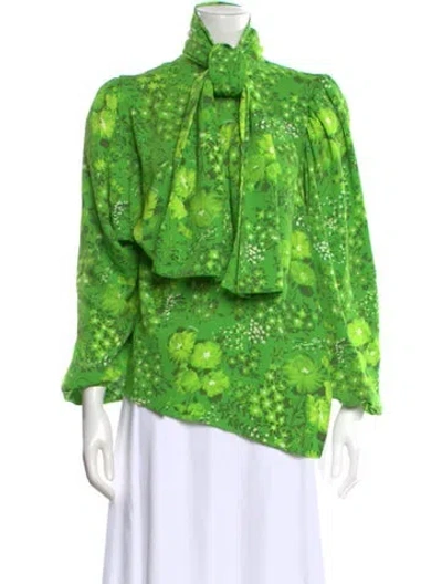 Pre-owned Balenciaga Floral Print Tie Neck Blouse In Green