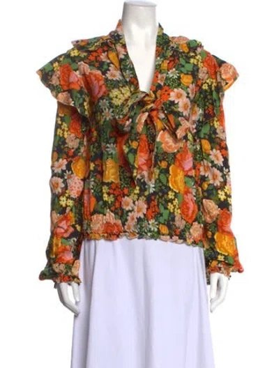 Pre-owned Balenciaga Floral Print Tie Neck Blouse In Orange