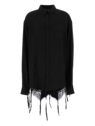 Balenciaga Lingerie Black Sirt With Button-down Collar And Lingerie Detail On The Hem In Tech Fabric Woman