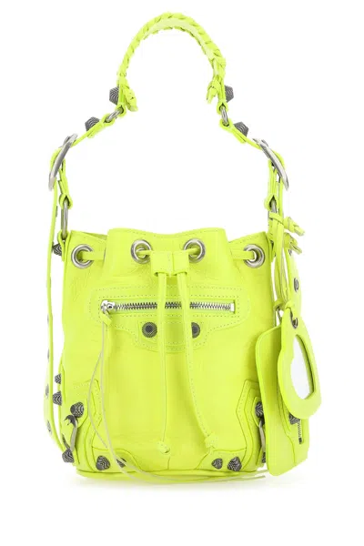 BALENCIAGA FLUO YELLOW LEATHER LE CAGOLE XS BUCKET BAG