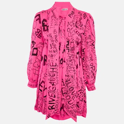 Pre-owned Balenciaga Fluorescent Pink Graffiti Print Chiffon Pleated Mini Dress S