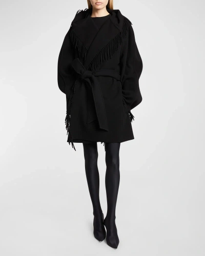 Balenciaga Fringe Hooded Wrap Jacket In 1000 Black