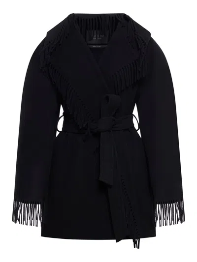 Balenciaga Hooded Fringe Oversized Self-tie Wool Jacket In Black