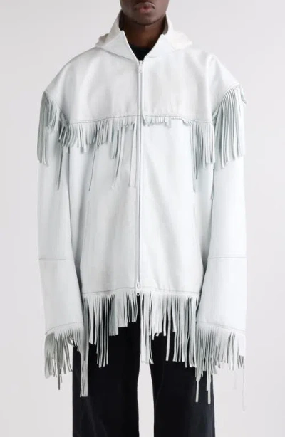 Balenciaga Fringe Leather Hooded Jacket In White