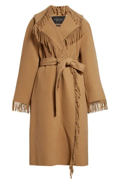 Balenciaga Fringe Wool Hooded Wrap Coat In Praline Beige
