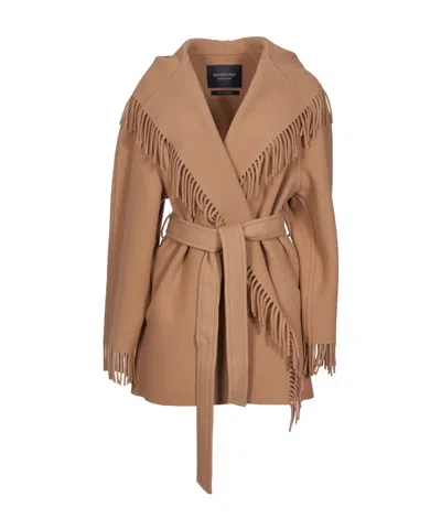 Balenciaga Fringed-edge Hooded Cardi-coat In Brown