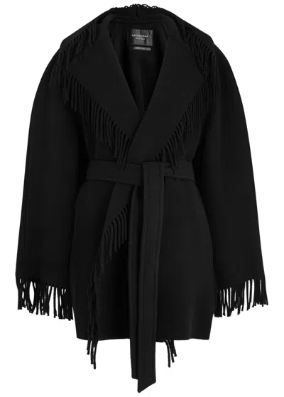 Balenciaga Fringed Hooded Wool Jacket In Black