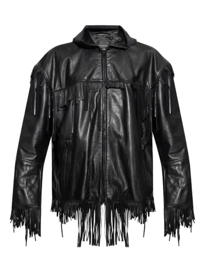 Balenciaga Fringed Leather Jacket In Black