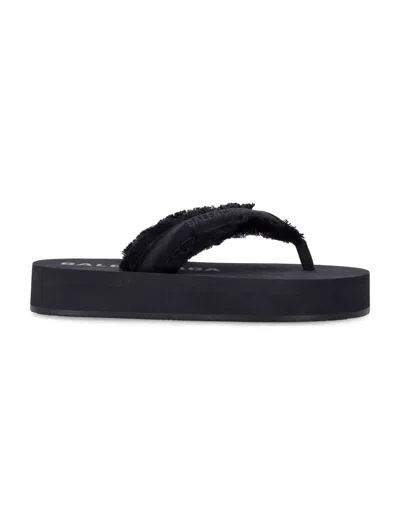 Balenciaga Fringed Strap Logo Embroidered Sandals For Women In Black