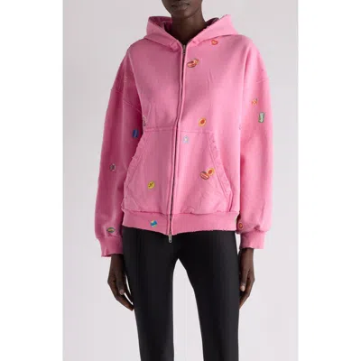 Balenciaga Fruity Distressed Archetype Fleece Graphic Zip Hoodie In 9568 Faded Dirty Pink