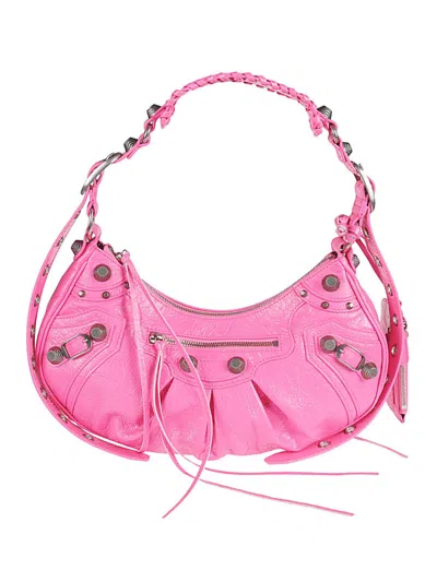 BALENCIAGA FUCHSIA PINK LE CAGOLE S LEATHER SHOULDER BAG