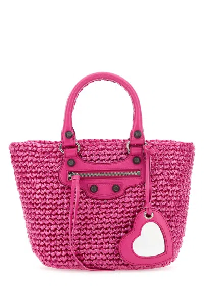 Balenciaga Women Fuchsia Raffia Small Le Cagole Panier Handbag In Pink
