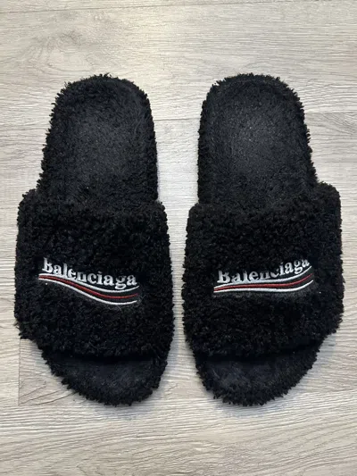 Pre-owned Balenciaga Fur Slides Size 13 (46 Eu) In Black