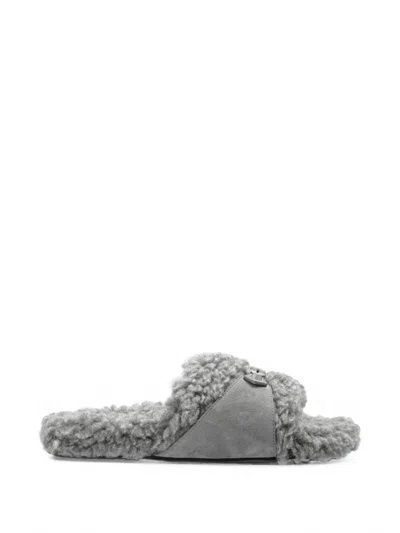 Balenciaga Furry Buckled Slides In Gray