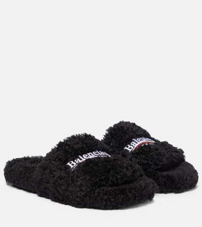 Balenciaga Furry Faux Shearling Slides In Black/white/red
