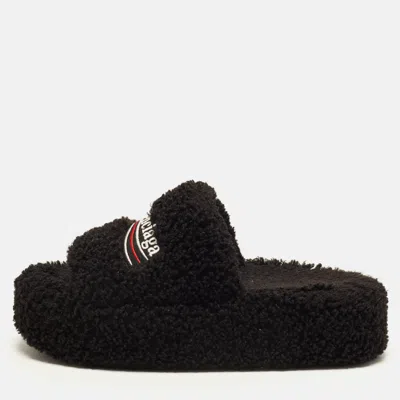Pre-owned Balenciaga Furry Political Campaign Logo Size 41 Black Shearling Fur Platform Flat Sandals