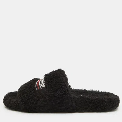 Pre-owned Balenciaga Furry Size 45 Black Fabric Logo Flat Slide Sandals