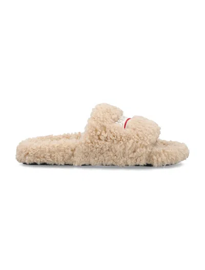 BALENCIAGA FURRY SLIDE FEATURING BALENCIAGA POLITICAL CAMPAIGN LOGO IN BEIGE/WHITE/RED