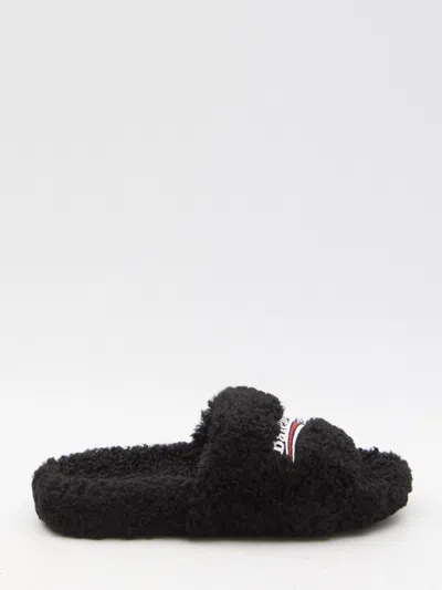 Balenciaga Furry Slide Sandals In Black