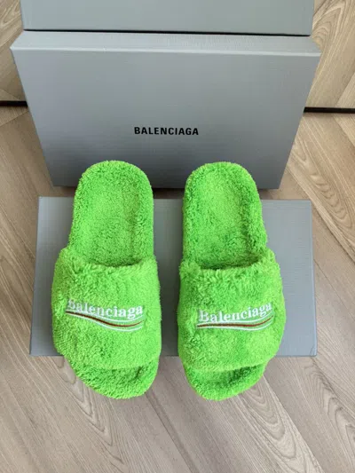 Pre-owned Balenciaga Furry Slides “green Apple”