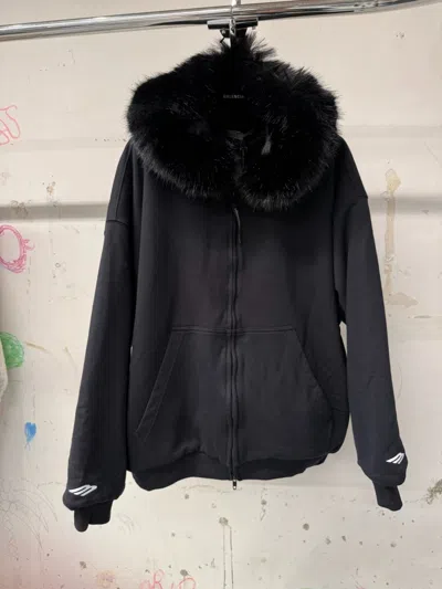 Balenciaga Furry Zip Hooded Jacket In Black