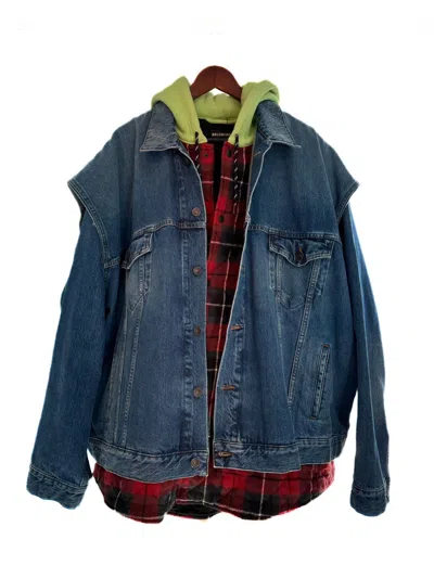 Pre-owned Balenciaga Fw 18 Gilet Denim Layer 2 In 1 Plaid Quilted Hood Jacket In Blue