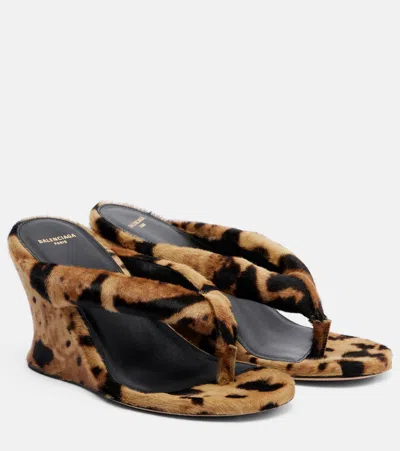 Balenciaga Gaeta Wedge Thong Sandal In Ocelot-print Calf Hair In Brown
