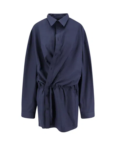 Balenciaga Elasticated Waistband Cotton Shirt Mini Dress In Blue