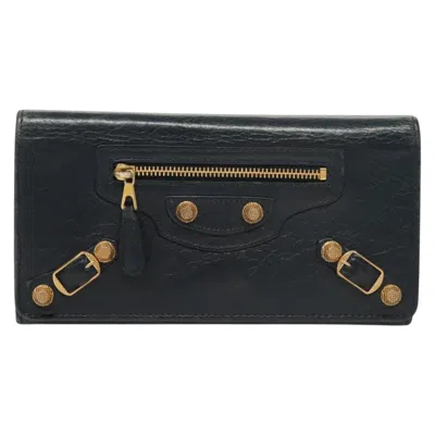 Pre-owned Balenciaga Giant Navy Leather Wallet  () In Blue