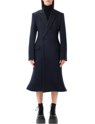 Balenciaga Godet Brushed Wool Midi Coat In Black