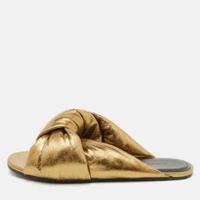 Pre-owned Balenciaga Gold Leather Drappy Flat Slides Size 37