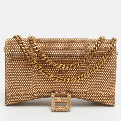 Pre-owned Balenciaga Gold Suede Crystal Embellished Hourglass Wallet On Chain