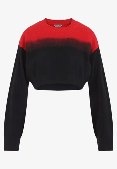 Balenciaga Wool Cropped Gradient Ribbed Crewneck Sweater In Black