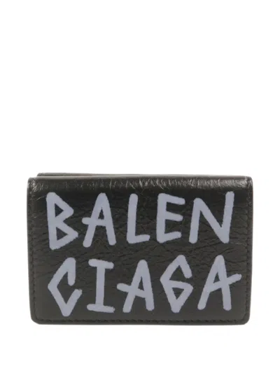 Pre-owned Balenciaga Graffiti-print Trifold Wallet In Black