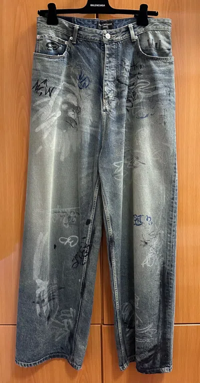 Pre-owned Balenciaga Grafitti Baggy Jeans M In Blue