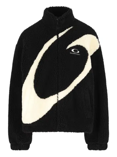 Balenciaga Oversized Fleece Texture High Neck Jacket In Black