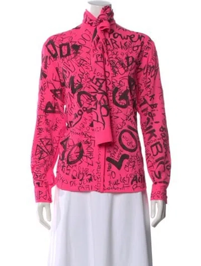 Pre-owned Balenciaga Graphic Print Tie Neck Blouse In Pink