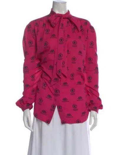Pre-owned Balenciaga Graphic Print Tie Neck Blouse In Pink