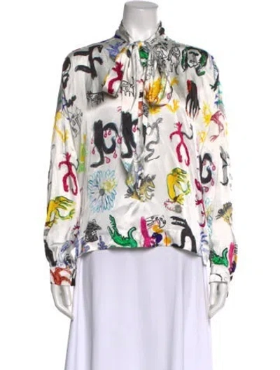 Pre-owned Balenciaga Graphic Print Tie Neck Blouse W/ Tags In White