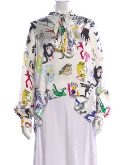 Pre-owned Balenciaga Graphic Print Tie Neck Blouse In White